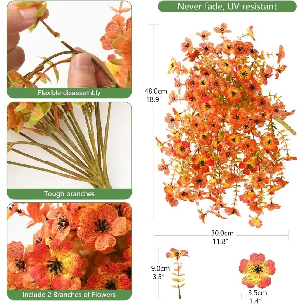Red Orange Artificial Hanging Faux 2-Pcs Flowers Plants Outdoors Home Decor